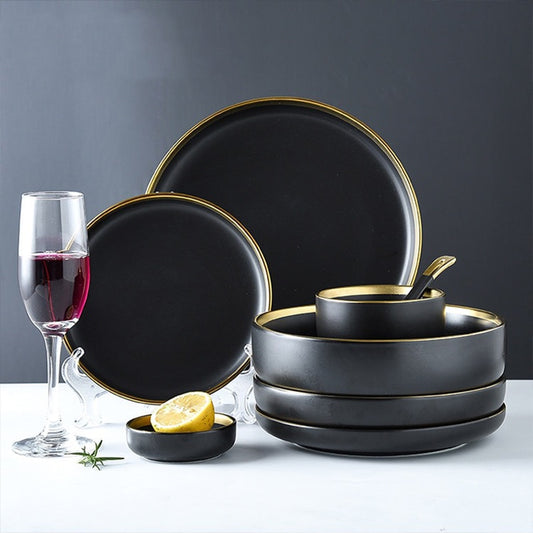 Black Tableware Set Porcelain Dinner Plates Dishes Plates and Bowls Set Food Plate Salad Soup Bowl Dinnerware Set for Restaurant