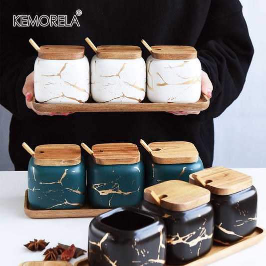 Creative Nordic Style Marble Pattern Ceramic Kitchen Seasoning Tank Set  Wooden Cover Salt Shaker Spice Jar Kitchen Accessories